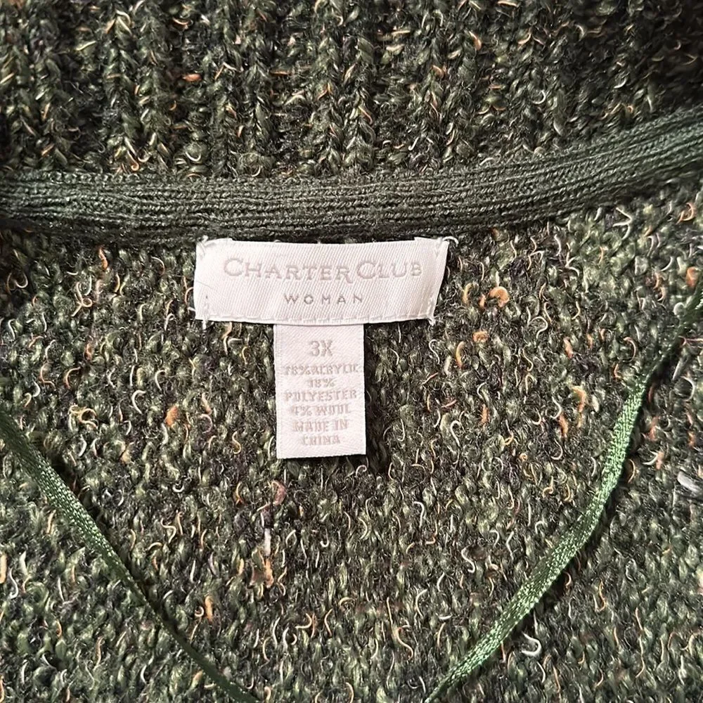 Charter Club 3X Horizontal Knit Wool Blend Winter Green Open Front Cardigan